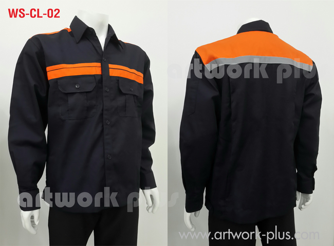 WORK SHIRT,WS-CL-02,เสื้อช็อปพนักงาน,เสื้อช็อปแขนยาว,เสื้อช็อปสีกรมท่าแต่งสีส้ม